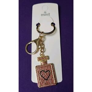 Mint Pink Perfume Bottle Rhinestone Purse Charm Key Ring Chain Gold Tone New